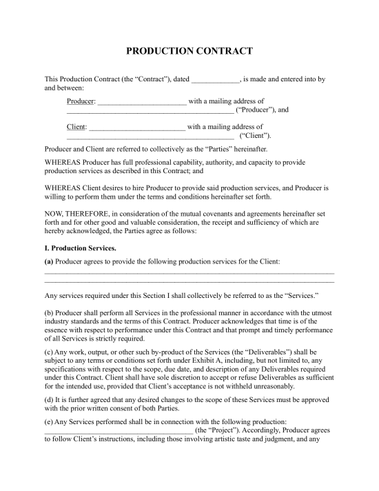 Production Contract (Music, Film, TV)