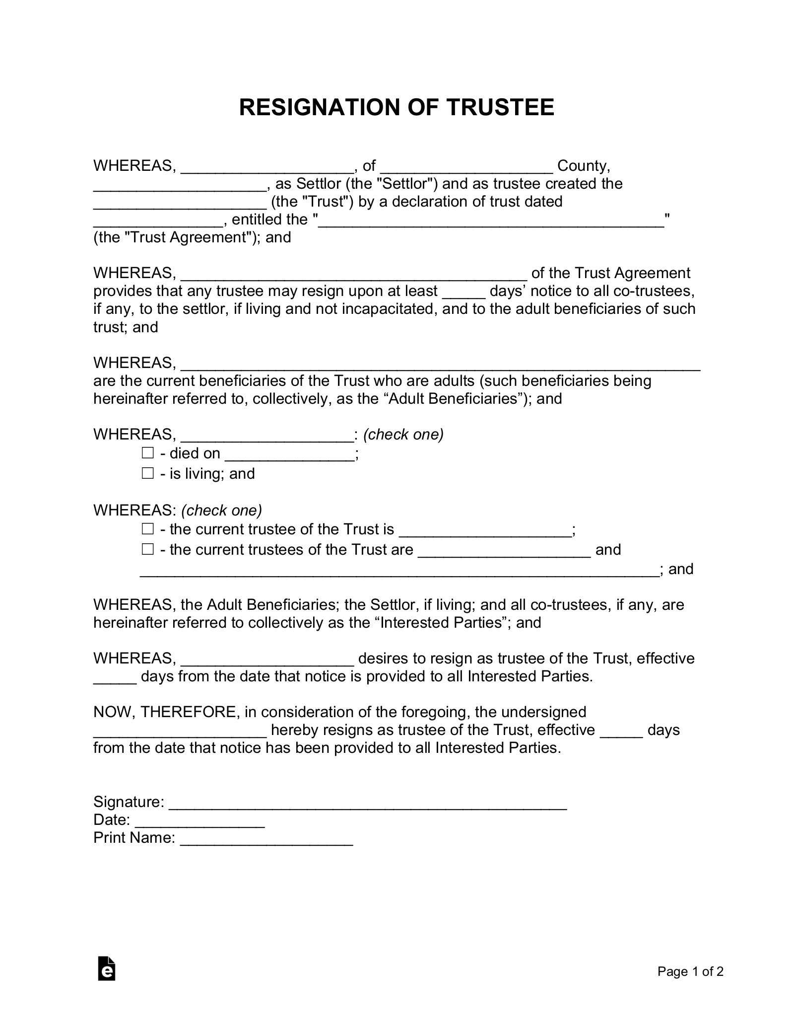 Resignation of Trustee Form