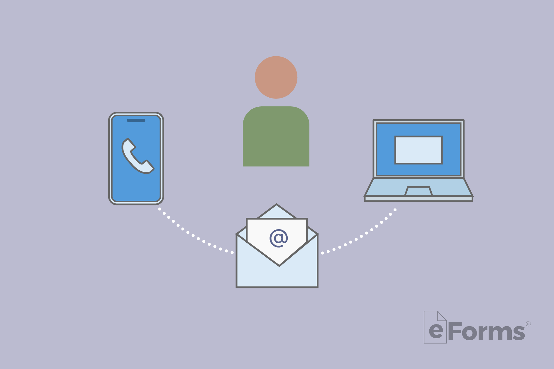 Icon of Person surrounded by Mobile Phone, Email, and Laptop Computer. 