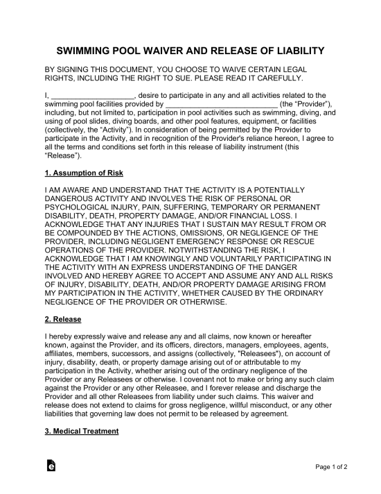 Pool Liability Waiver and Release