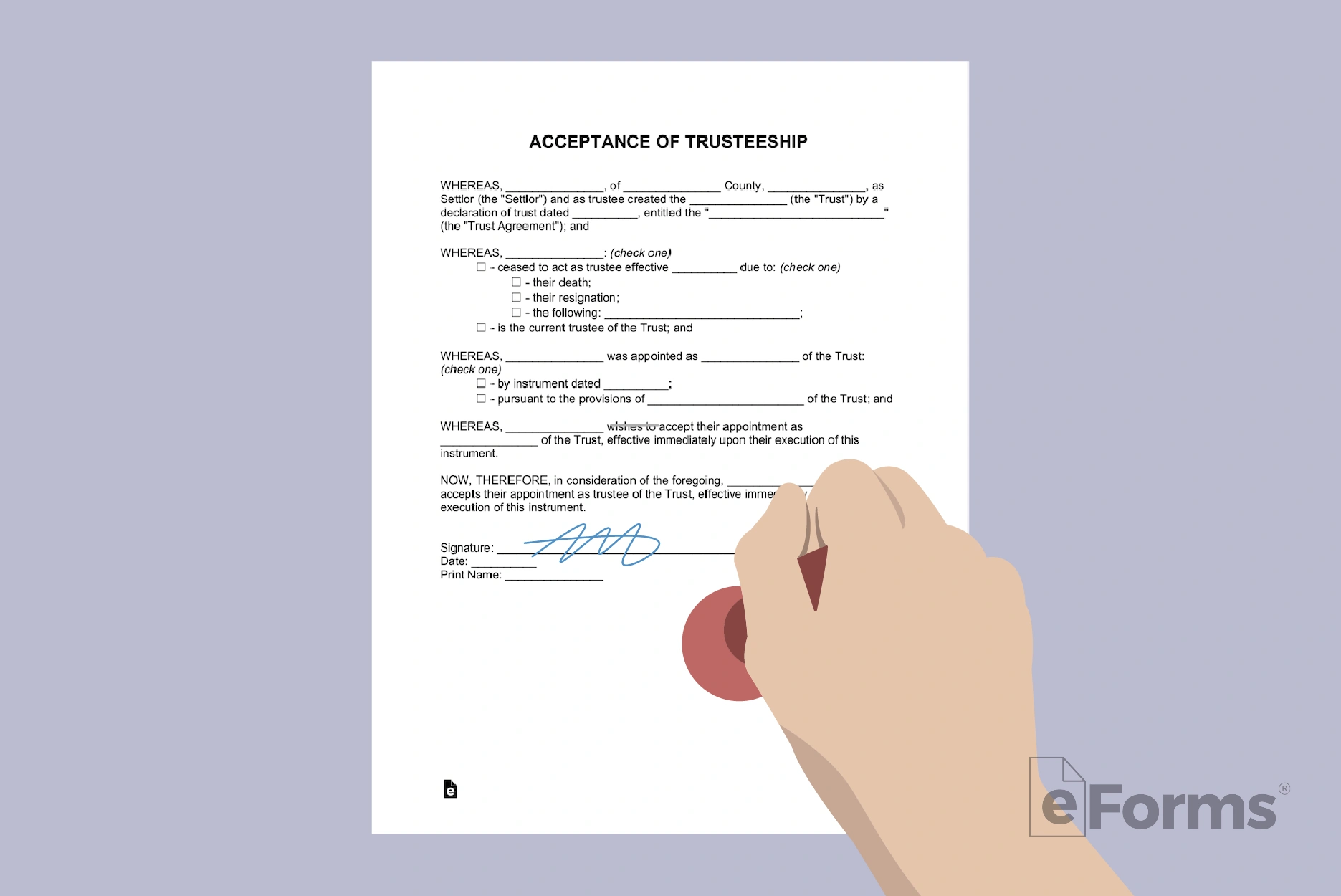 Acceptance of Trusteeship form with hand holding rubber stamp.